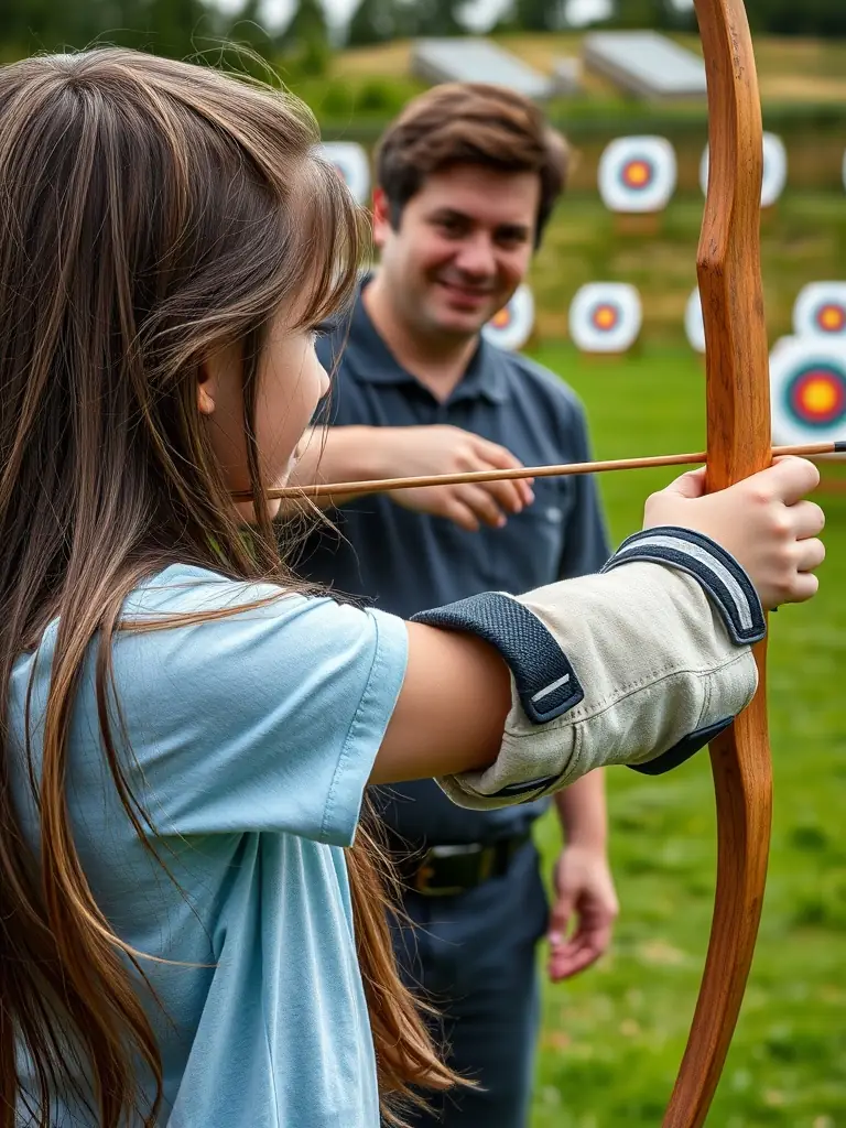 A young archer carefully aiming at a target during a beginner's archery class at LA FLECHE DE LA SUMENE, with an instructor providing guidance in the background.