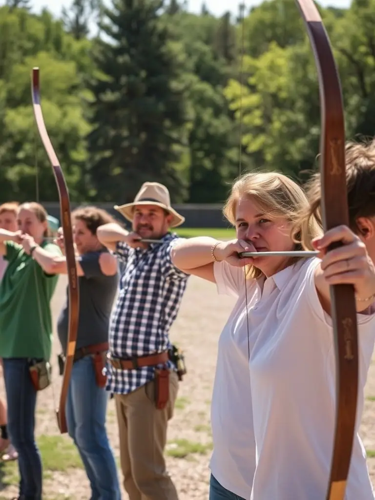 A group of archers of varying ages and skill levels participating in a training session at LA FLECHE DE LA SUMENE, showcasing the inclusive nature of the program.