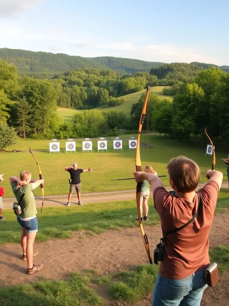 A scenic shot of an outdoor archery range at LA FLECHE DE LA SUMENE, with archers practicing against a backdrop of natural beauty, emphasizing the connection with nature.