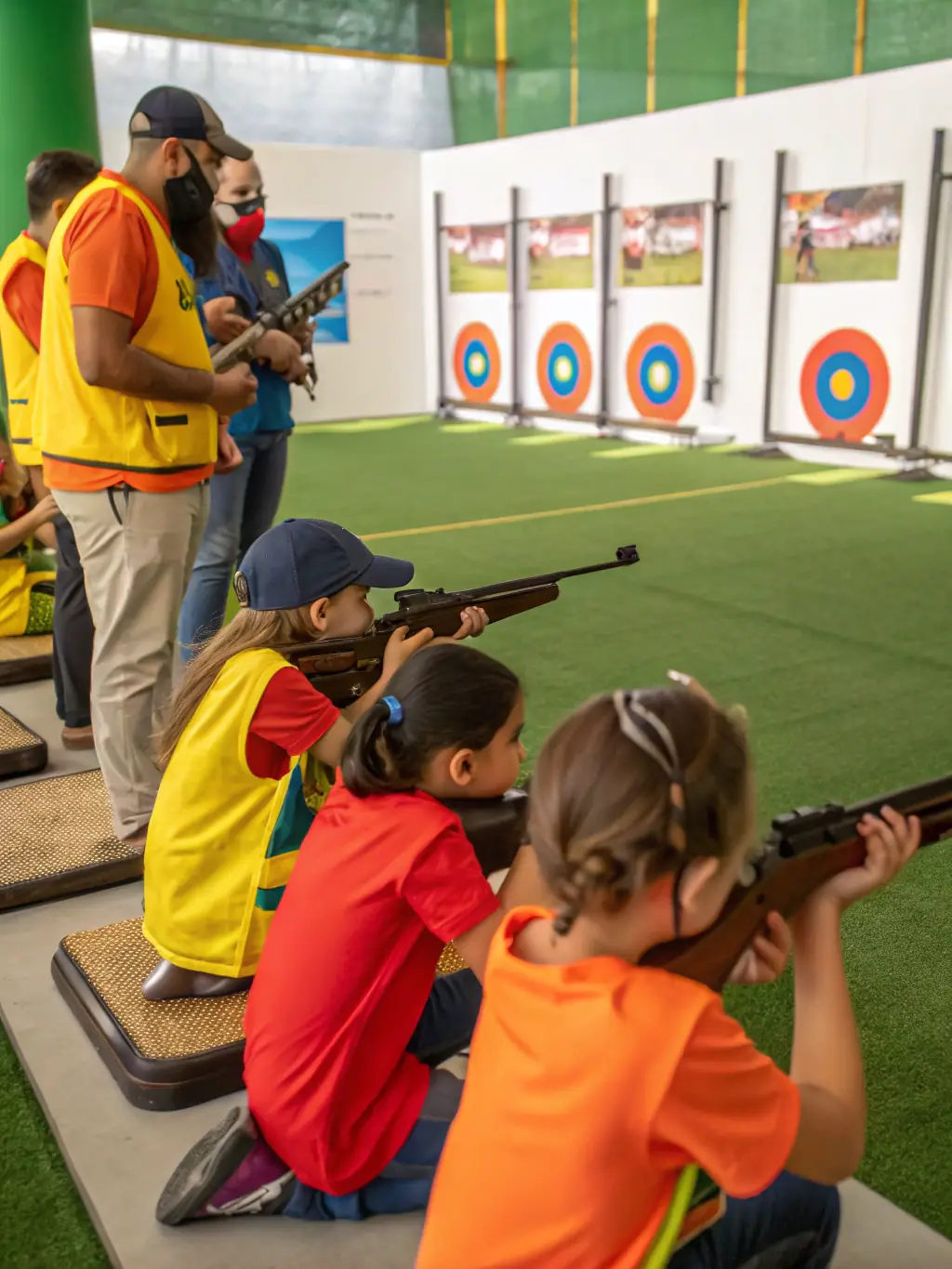 Children participating in an archery summer camp at LA FLECHE DE LA SUMENE, having fun while learning archery skills.