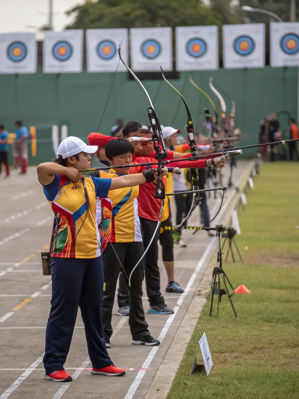 A group of archers participating in a target practice session at LA FLECHE DE LA SUMENE, showcasing different skill levels and ages.