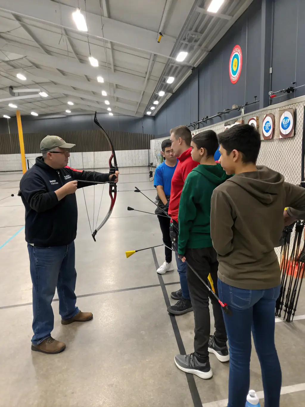 An instructor demonstrating advanced archery techniques to experienced archers at LA FLECHE DE LA SUMENE, focusing on precision and form.