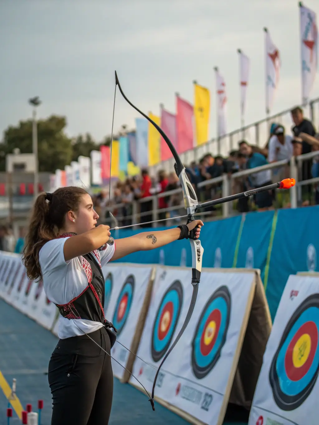 A young archer carefully aiming at a target during a beginner's archery class at LA FLECHE DE LA SUMENE, showcasing the introductory program.