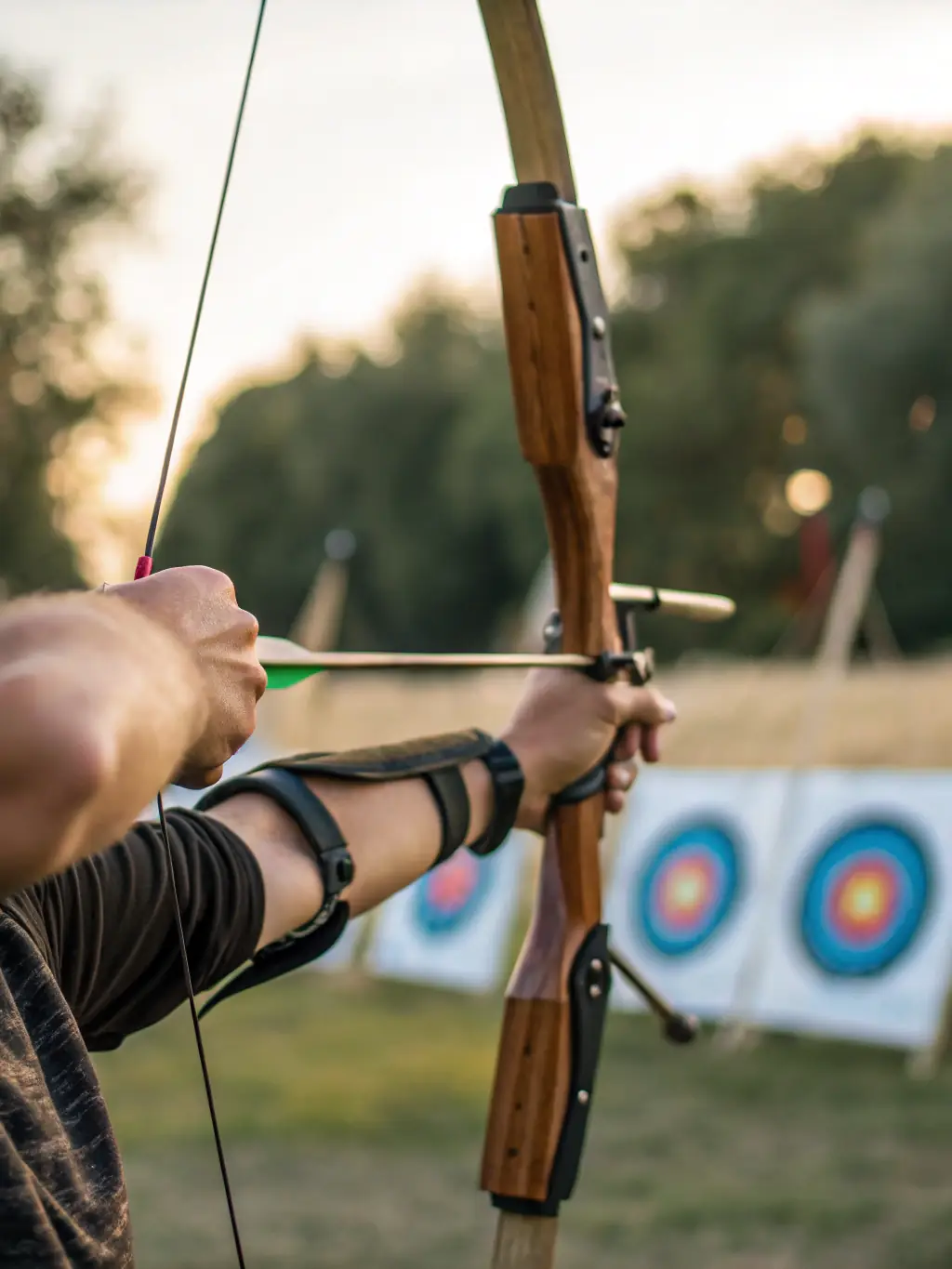 A close-up shot of an archer's hand drawing back a bow, focusing on the precision and technique involved in archery training at LA FLECHE DE LA SUMENE.